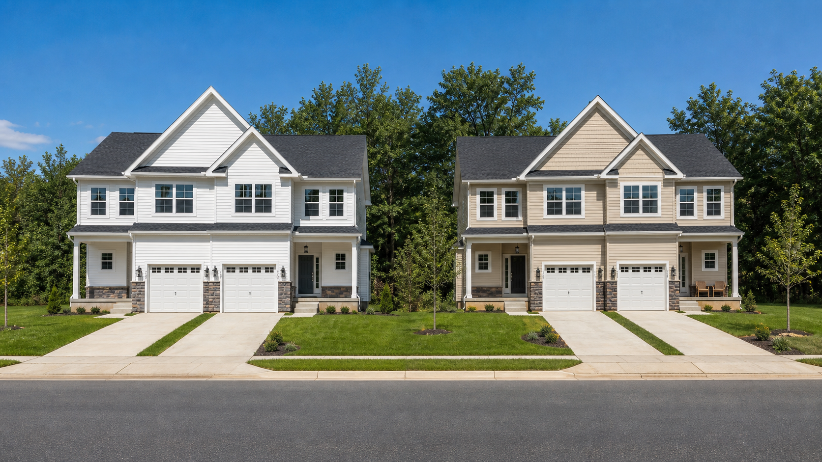 Two finished duplex buildings at 724–730 Northwood Ave in Cherry Hill, shown side by side after commercial-to-residential redevelopment.